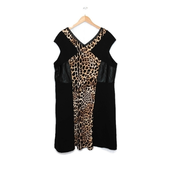 Lane Bryant Size 26 Double V Neck Dress Black Leopard‎ Print A Line Cap Sleeve - Picture 6 of 12